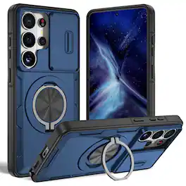 Dteck - Rugged Magnetic Case for Samsung Galaxy S26 Ultra, Shockproof 360° Rotating Ring Stand Cover, Window Sliding Protection - Blue