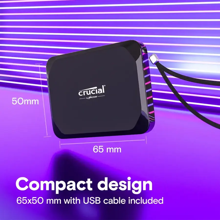 The text on the image reads: "50mm crucial 2 pcroe 65 mm Compact design 65x50 mm with USB cable included."