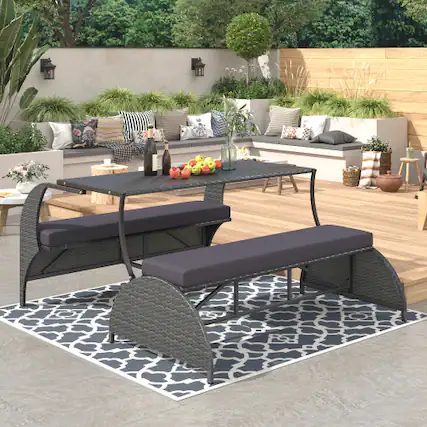 Front. Siljoy - 2-in-1 Convertible 57.1" Patio Loveseat Bench Table, 4-Seat & 1 Table, for Garden/Lawn/Patio - Gray.