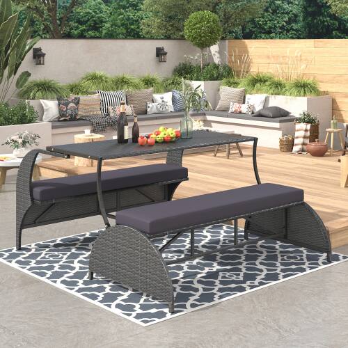 Front. Siljoy - 2-in-1 Convertible 57.1" Patio Loveseat Bench Table, 4-Seat & 1 Table, for Garden/Lawn/Patio - Gray.