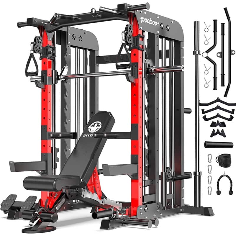 Pooboo - Power Rack Cage, 2000LBS Weight Cage with 1500LB Capacity Adjustable Weight Bench, Home Gym Workout Machine - Black