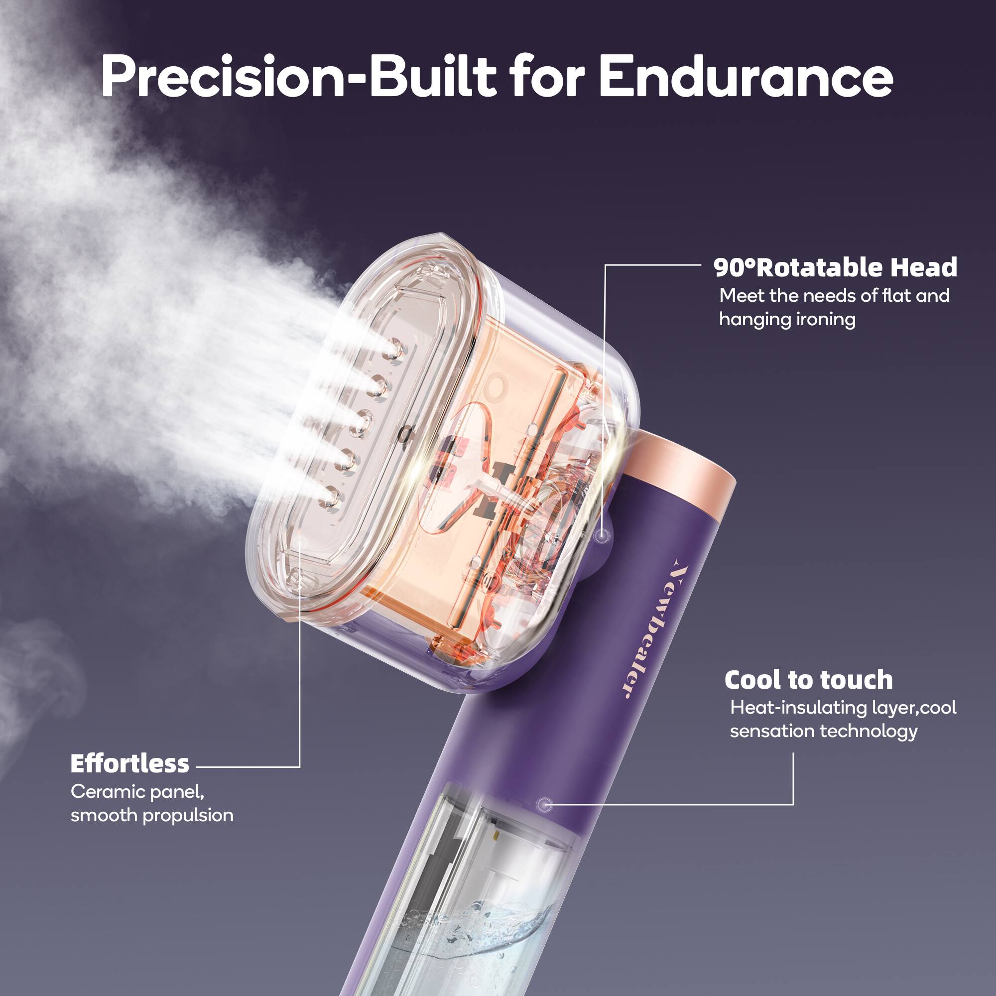 Precision-Built for Endurance

Effortless  
Ceramic panel, smooth propulsion

90° Rotatable Head  
Meet the needs of flat and hanging ironing

Cool to touch  
Heat-insulating layer, cool sensation technology