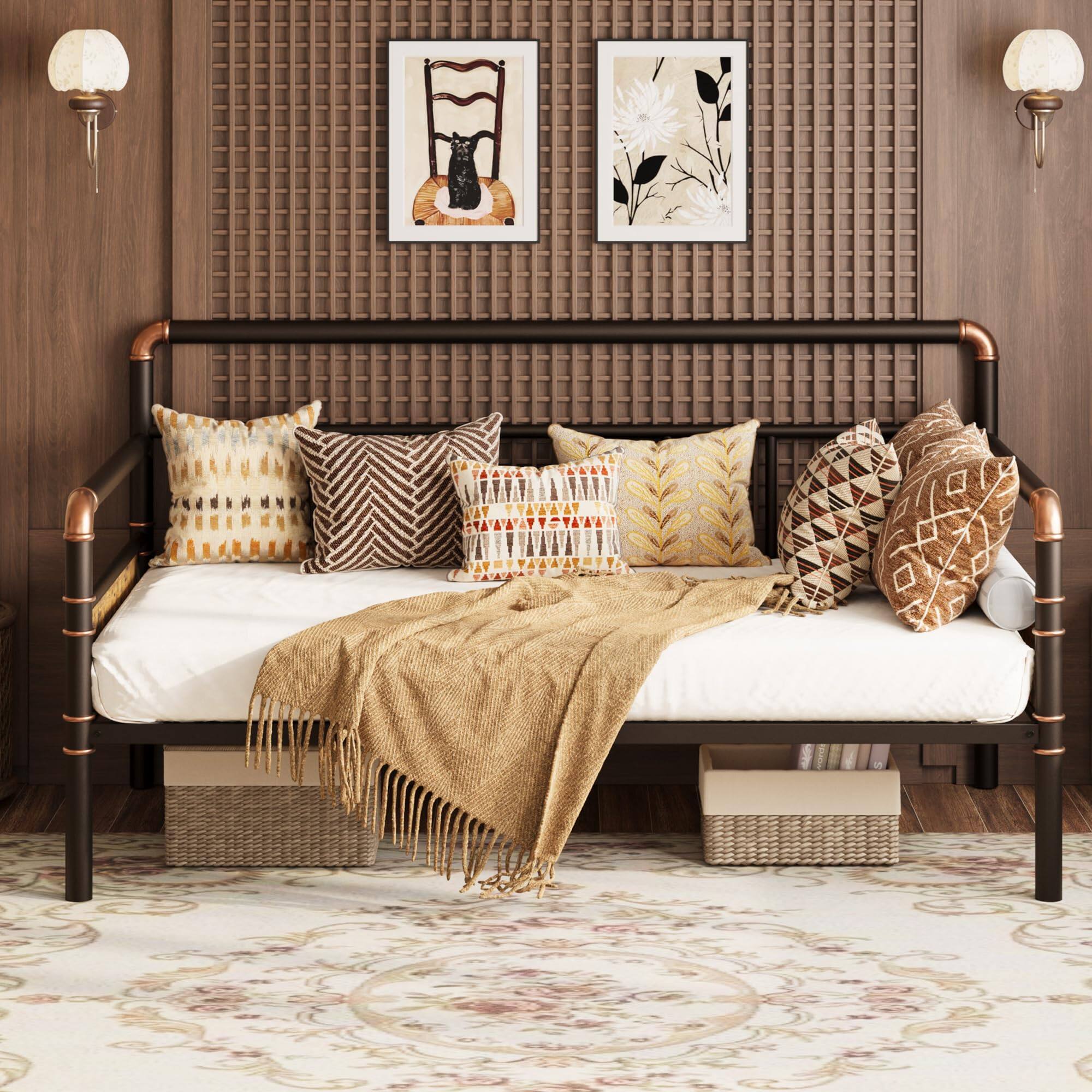 Back. Babevy - Metal Daybed Frame Twin Size,Heavy Duty Metal Twin Bed Frame,Daybed for Living Room Bedroom Guest Room - Brown.