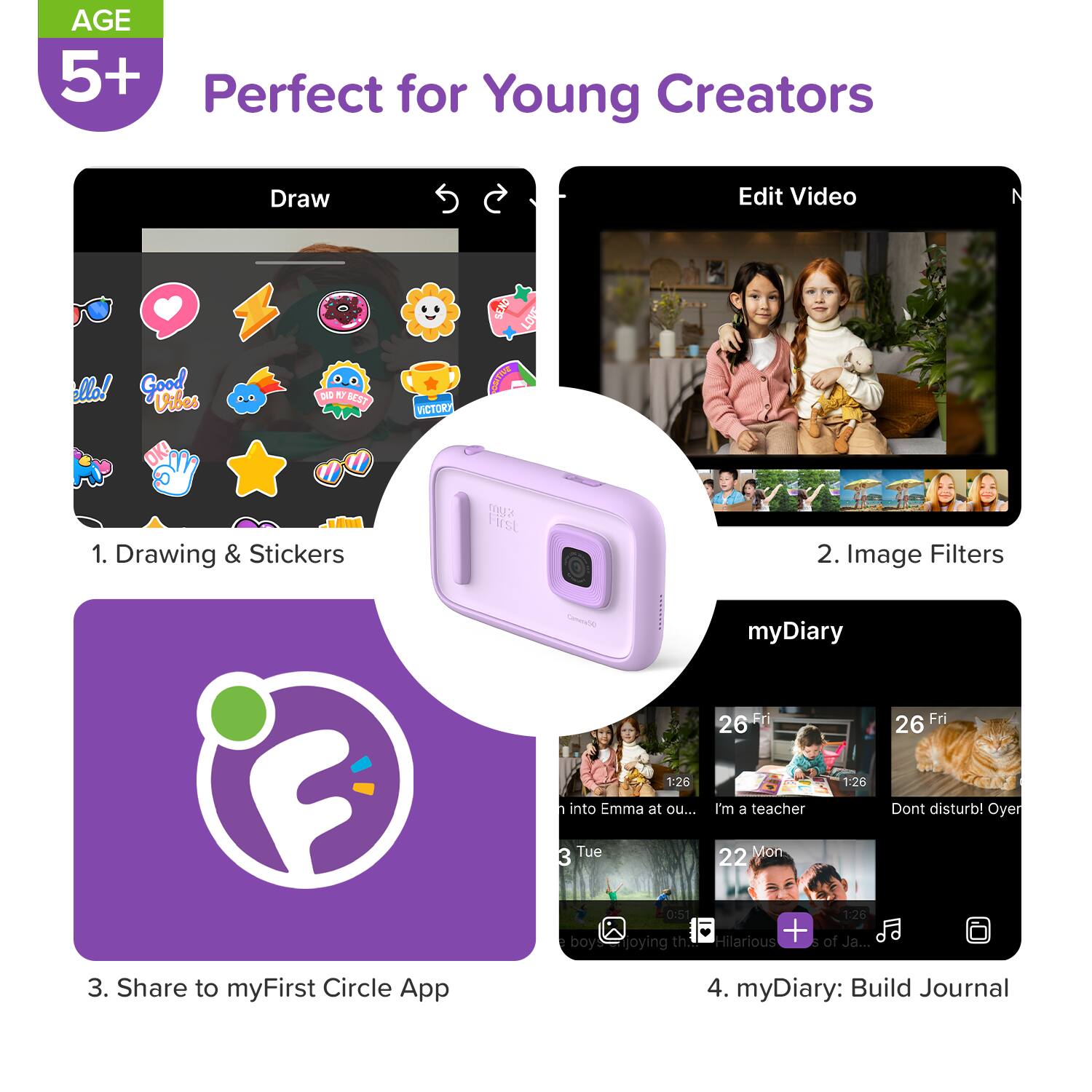 AGE 5+  
Perfect for Young Creators

1. Drawing & Stickers
2. Image Filters
3. Share to myFirst Circle App
4. myDiary: Build Journal