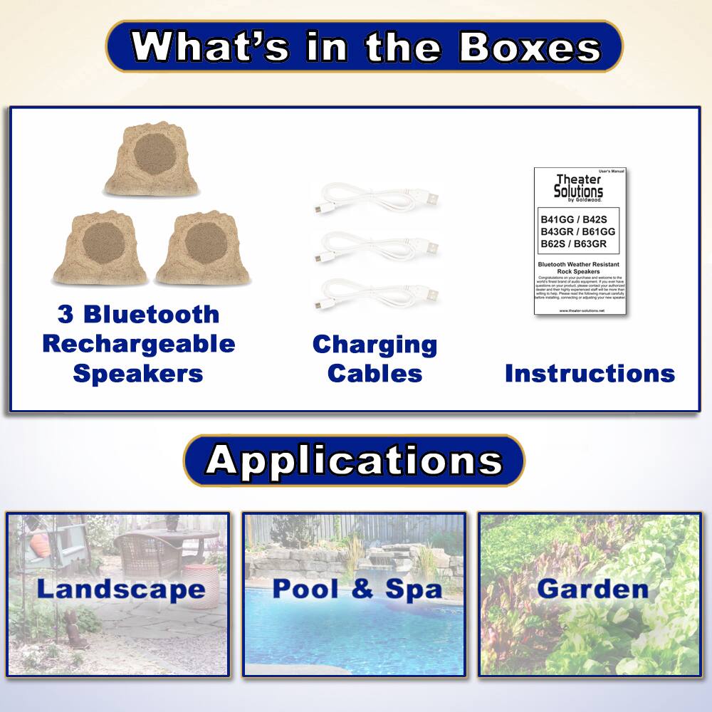 What's in the Boxes

- 3 Bluetooth Rechargeable Speakers
- Charging Cables
- Instructions

Applications

- Landscape
- Pool & Spa
- Garden

Theater Solutions  
B41GG / B42S / B43GR / B61GG / B62S / B63GR  
Bluetooth Weather Resistant Rock Speakers