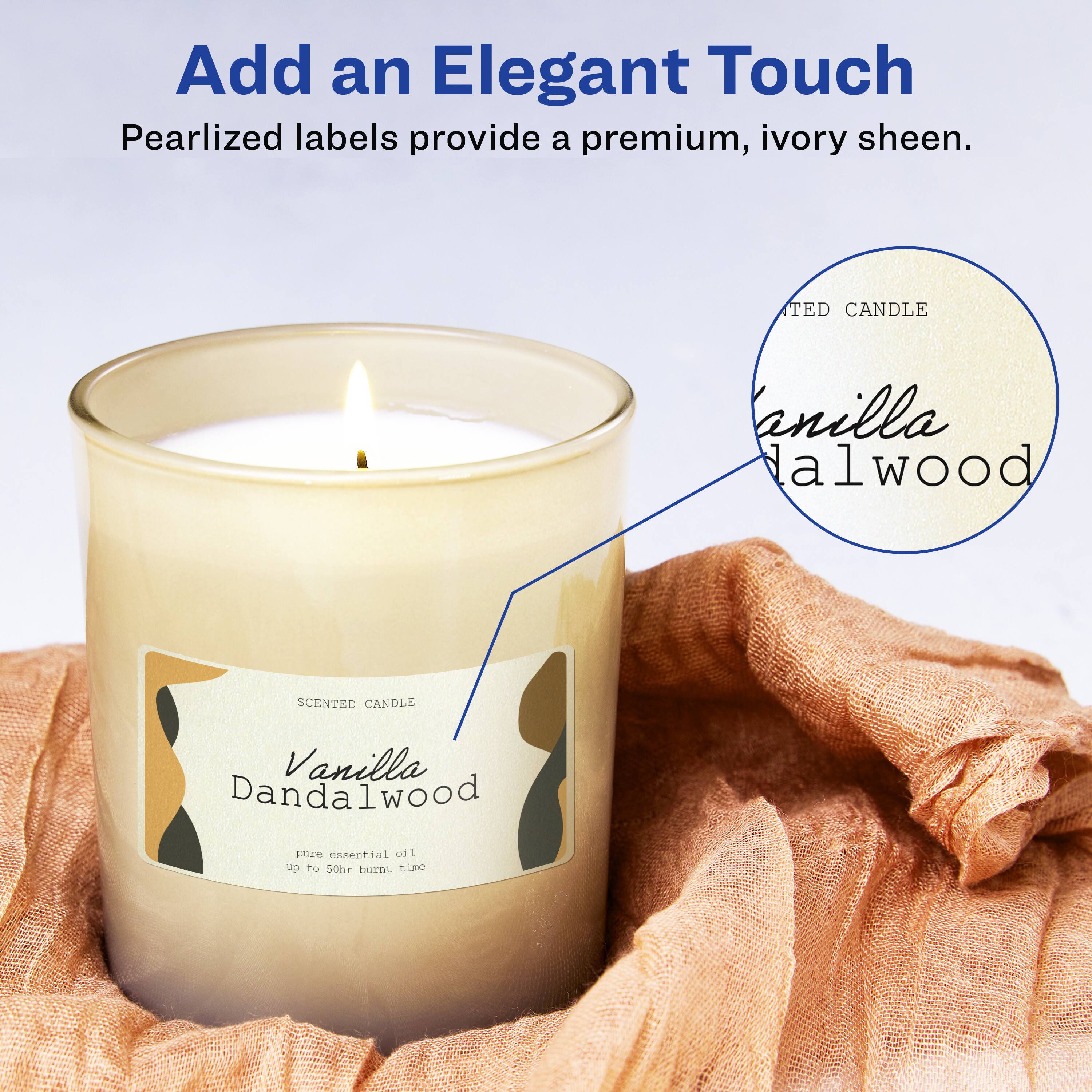 Add an Elegant Touch  
Pearlized labels provide a premium, ivory sheen.  

TED CANDLE  
Vanilla Dandalwood  
Scented Candle  
pure essential oil  
up to 50hr burn time