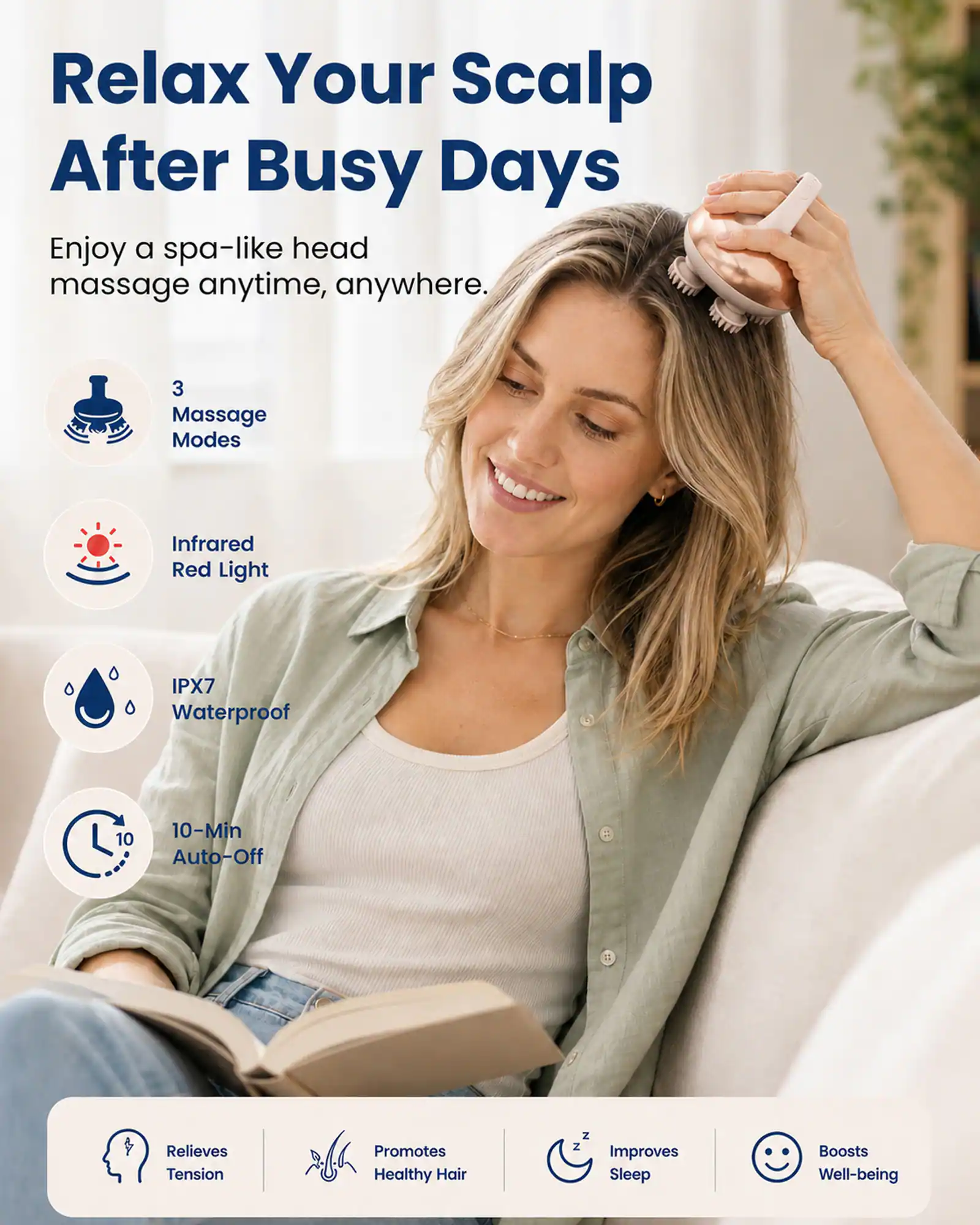 Relax Your Scalp After Busy Days

Enjoy a spa-like head massage anytime, anywhere.

3 Massage Modes
Infrared Red Light
IPX7 Waterproof
10-Min Auto-Off

Relieves Tension
Promotes Healthy Hair
Improves Sleep
Boosts Well-being