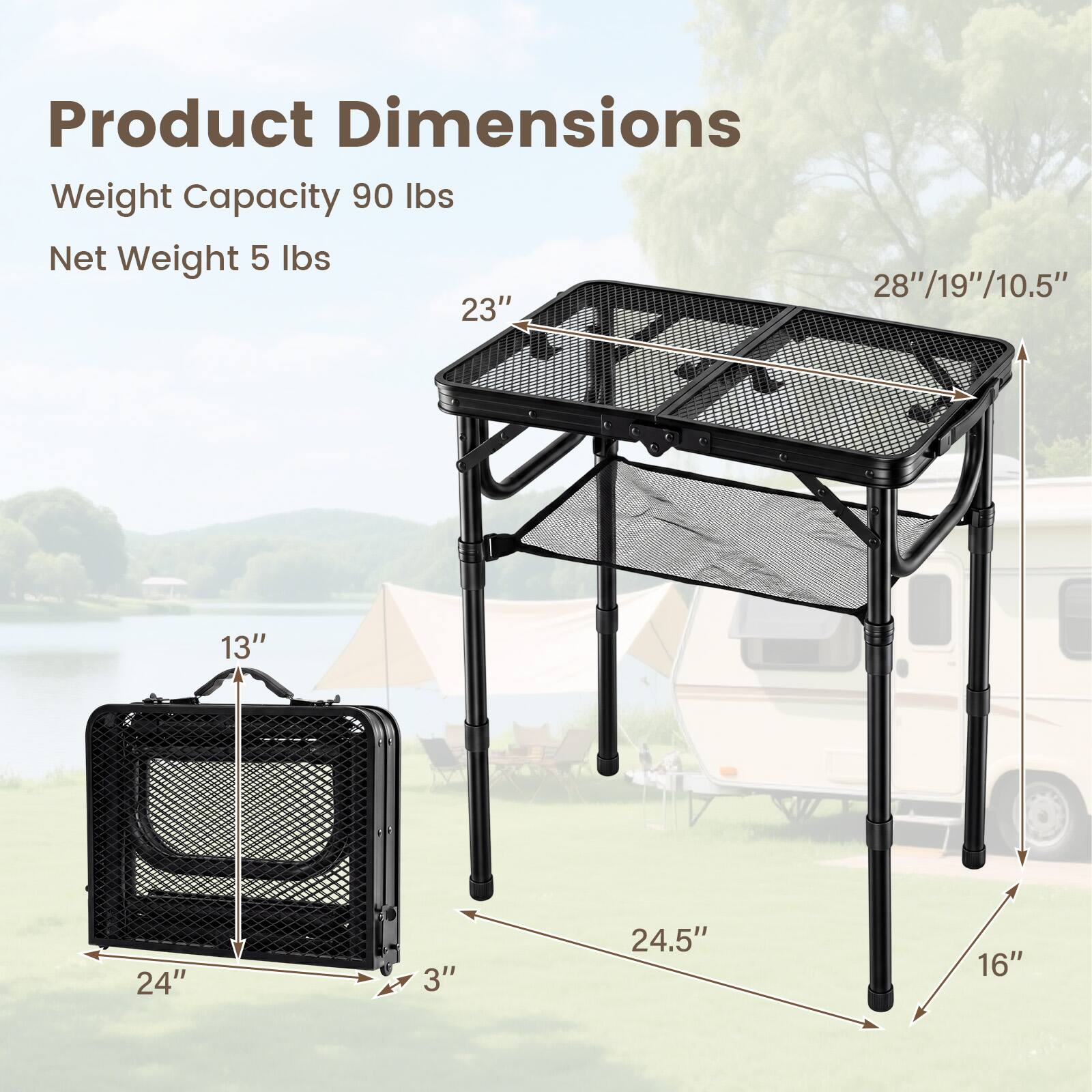 Product Dimensions  
Weight Capacity: 90 lbs  
Net Weight: 5 lbs  
Dimensions: 28" x 19" x 10.5"  
Folded Dimensions: 23" x 13" x 24"  
Height: 24.5"  
Width: 16"