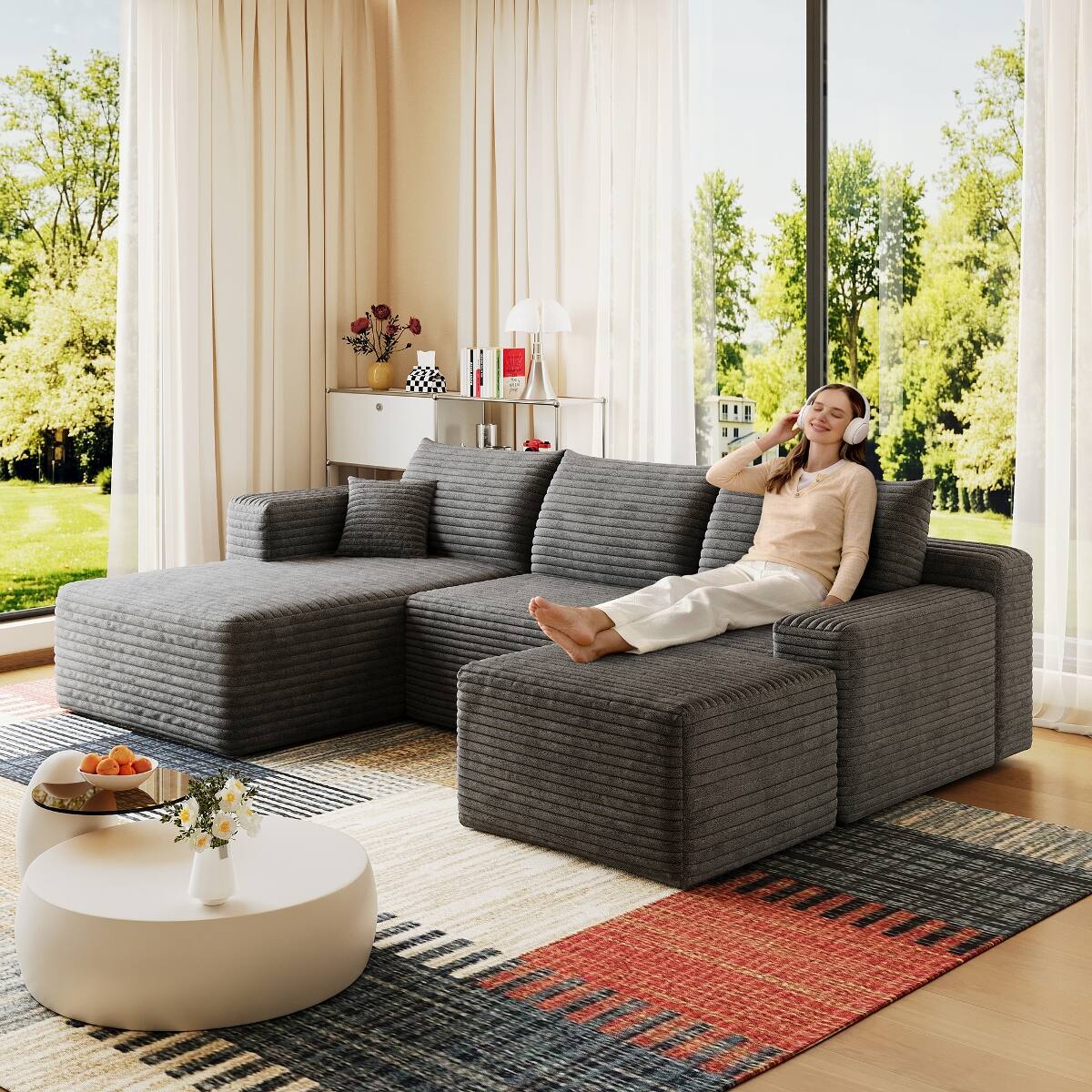 Front. Ropilly - Ropilly 95 Inch U Shaped Sectional Sofa with Ottoman, Modern Minimalist Dark Grey Corduroy Couch - Dark Grey.