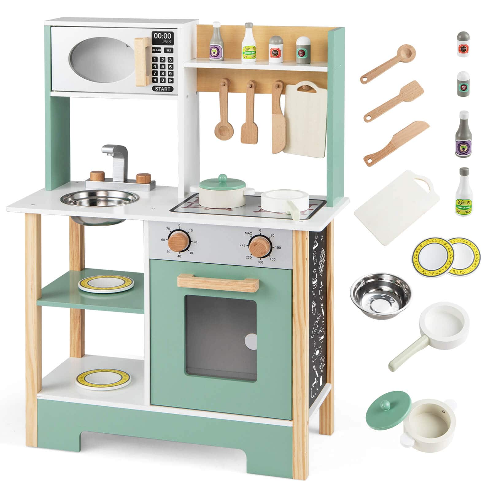 Costway - Play Kitchen with Chalkboard Microwave Stove Dish Rack Faucet Sink Accessories - Green + White