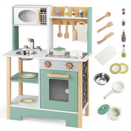 Costway - Play Kitchen with Chalkboard Microwave Stove Dish Rack Faucet Sink Accessories - Green + White