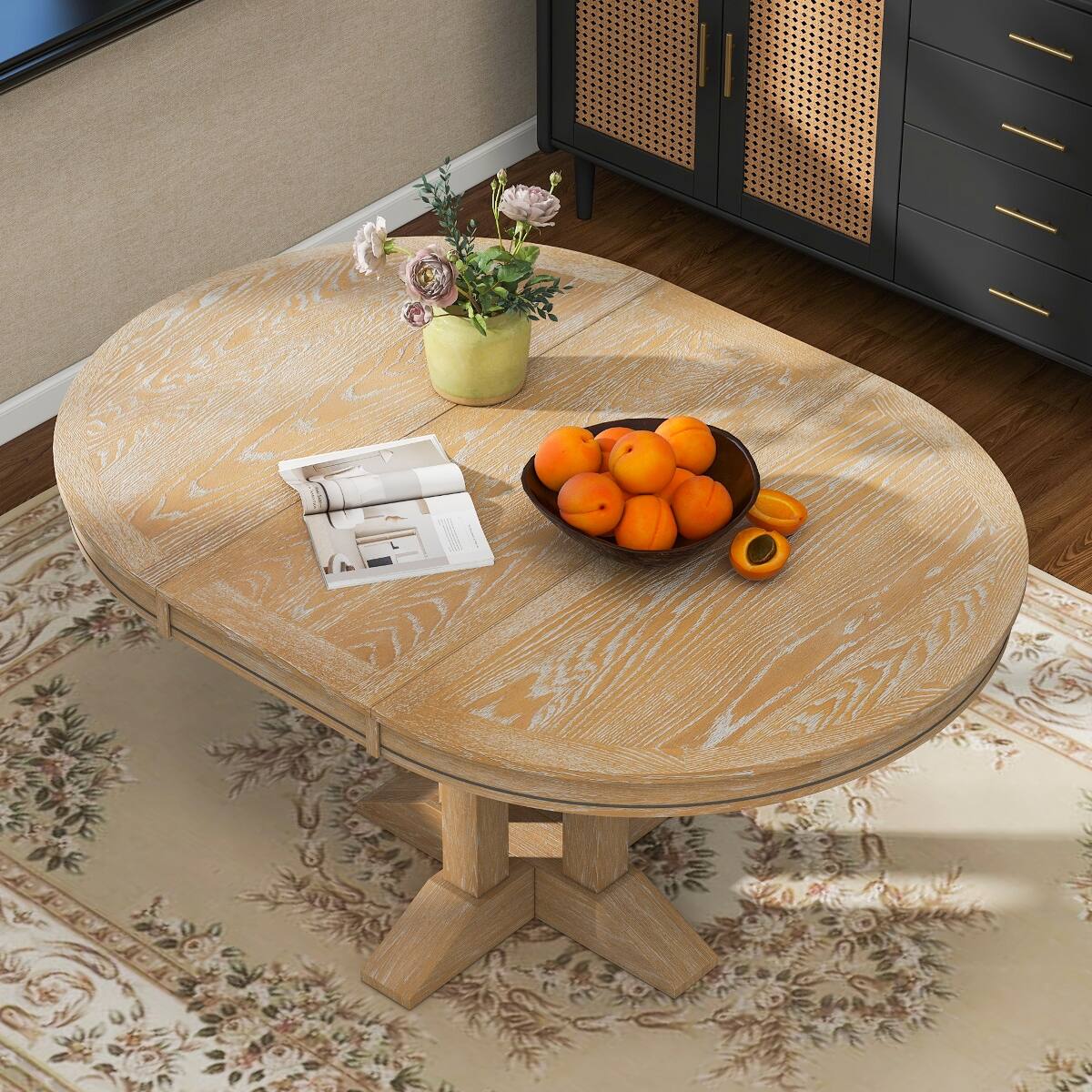 Alt View 10. Loheer - Loheer Extendable Round Dining Table Natural Wood Finish for Kitchen and Dining Room - Natural Wood Wash.