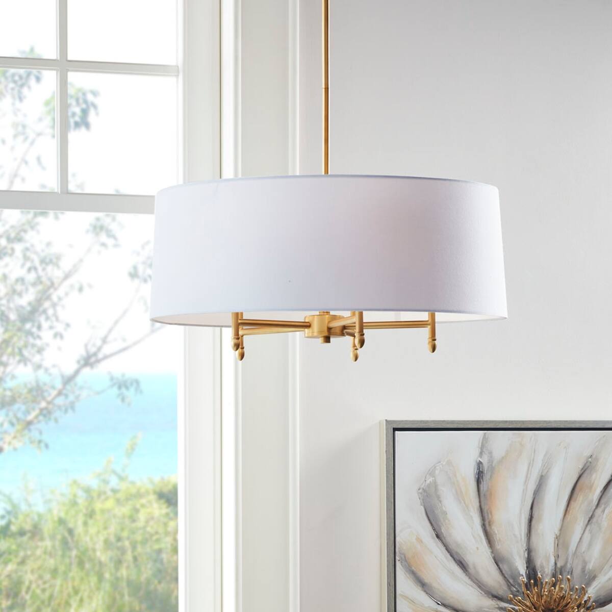 Alt View 4. Loheer - Loheer 5 Light Chandelier with White Drum Shade, Adjustable Plated Brass Fixture.
