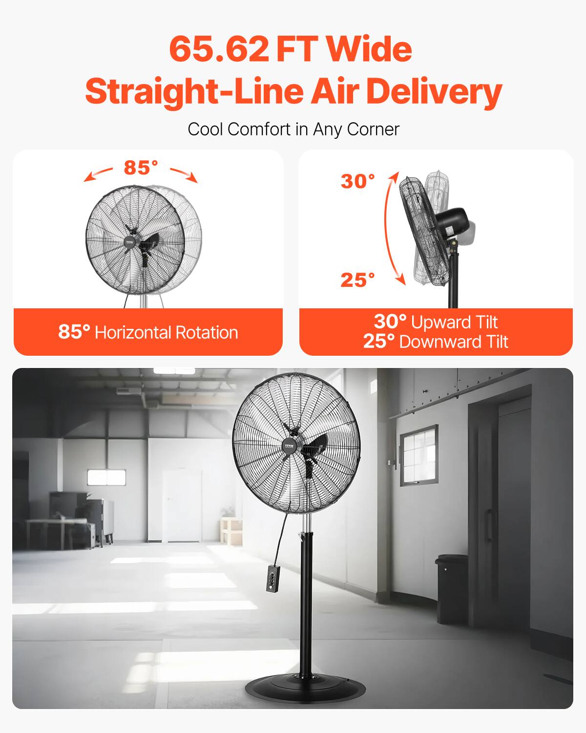 65.62 FT Wide  
Straight-Line Air Delivery  
Cool Comfort in Any Corner  

85° Horizontal Rotation  

30° Upward Tilt  
25° Downward Tilt