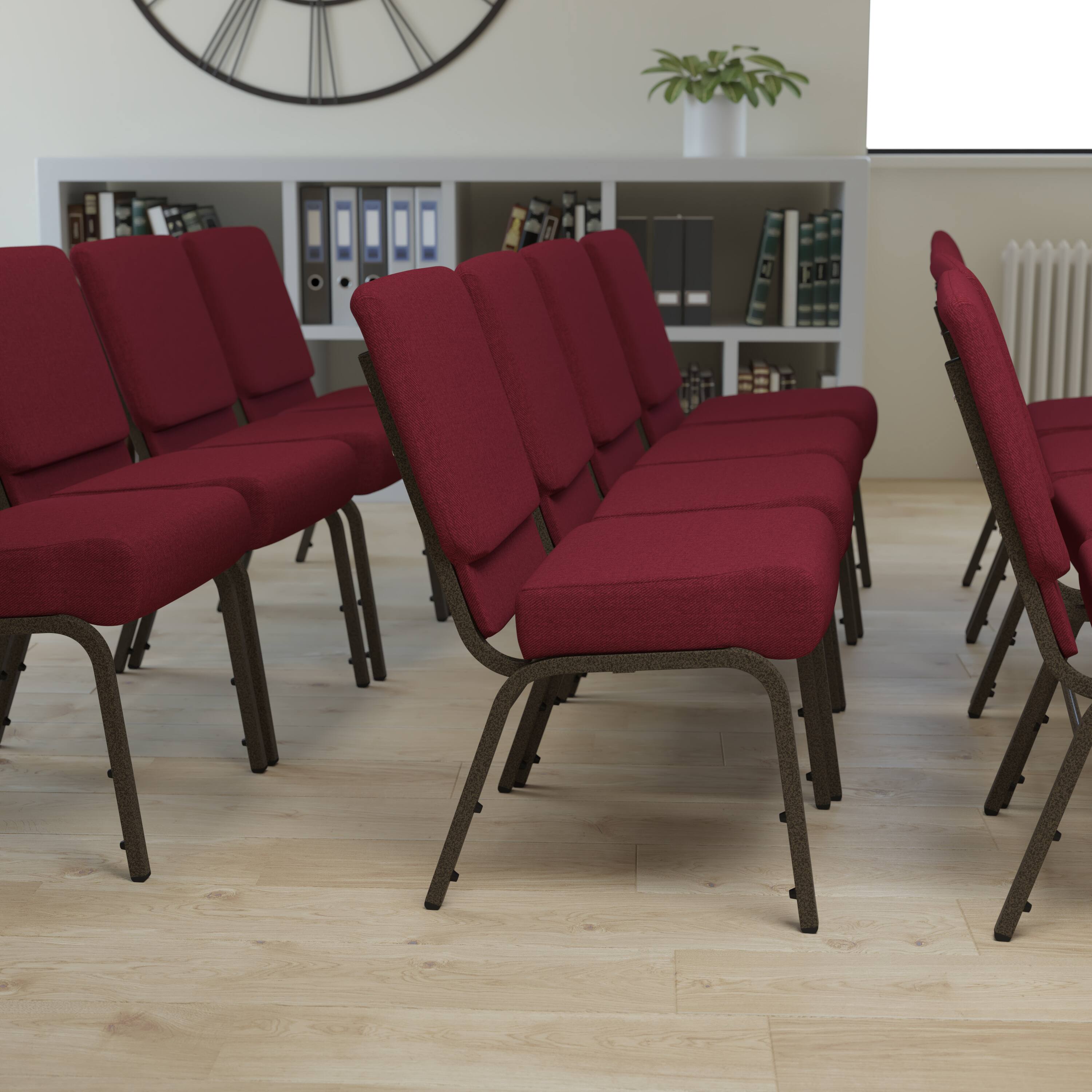 Alt View 1. Emma + Oliver - 21"W Stackable Church/Reception Guest Chair - Burgundy Fabric/Gold Vein Frame.