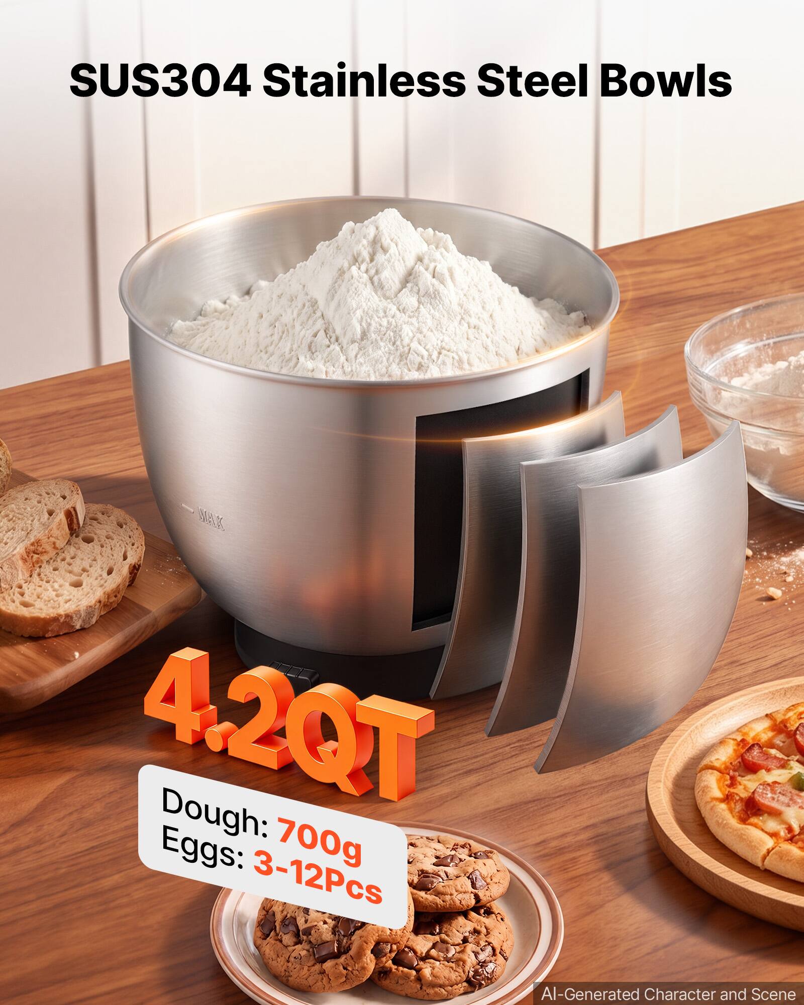 SUS304 Stainless Steel Bowls  
4.2QT  
Dough: 700g  
Eggs: 3-12Pcs  
AI-Generated Character and Scene