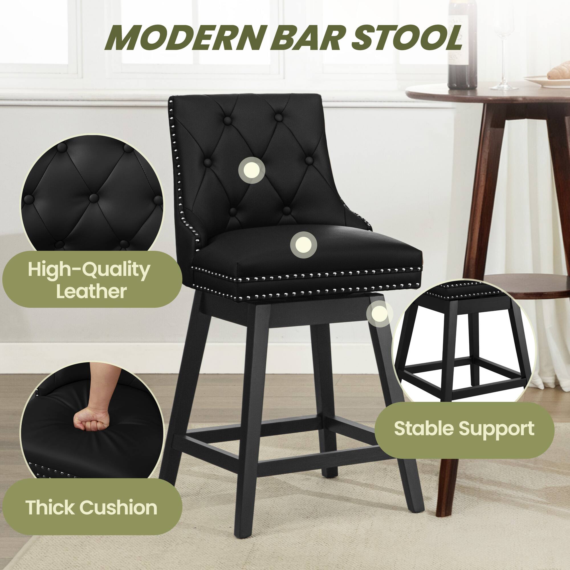 MODERN BAR STOOL

- High-Quality Leather
- Thick Cushion
- Stable Support