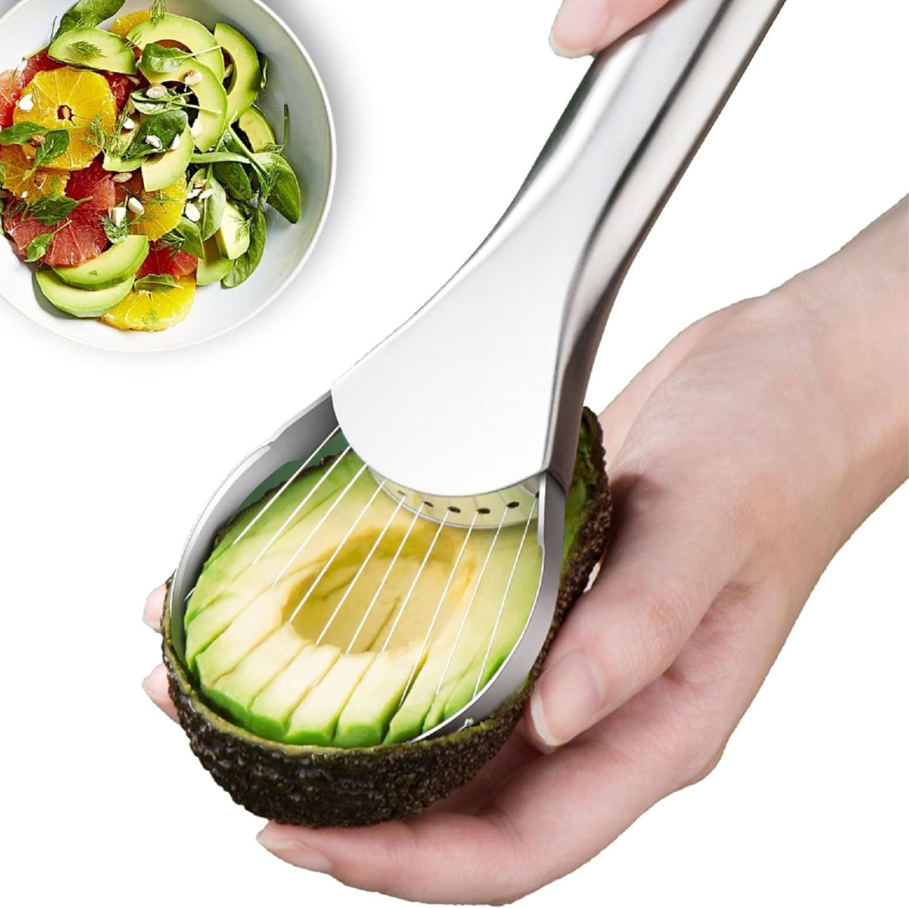 Left. Kitcheniva - 2-in-1 Stainless Steel Avocado Dragon Fruit Slicer and Pit Remover.