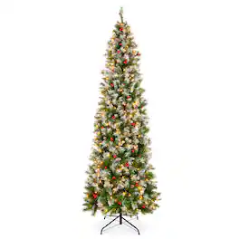 Best Choice Products - 12ft Pre-Lit Pencil Christmas Tree, Pre-Decorated, Frosted w/ 1,818 Flocked Tips, 700 Lights, Base - Green