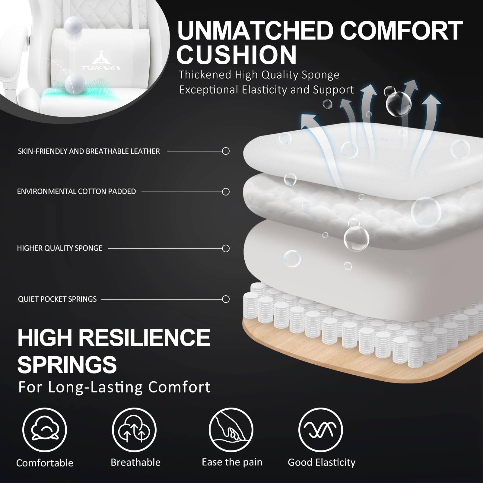 UNMATCHED COMFORT CUSHION  
Thickened High Quality Sponge  
Exceptional Elasticity and Support  

SKIN-FRIENDLY AND BREATHABLE LEATHER  
ENVIRONMENTAL COTTON PADDED  
HIGHER QUALITY SPONGE  
QUIET POCKET SPRINGS  

HIGH RESILIENCE SPRINGS  
For Long-Lasting Comfort  

Comfortable  
Breathable  
Ease the pain  
Good Elasticity