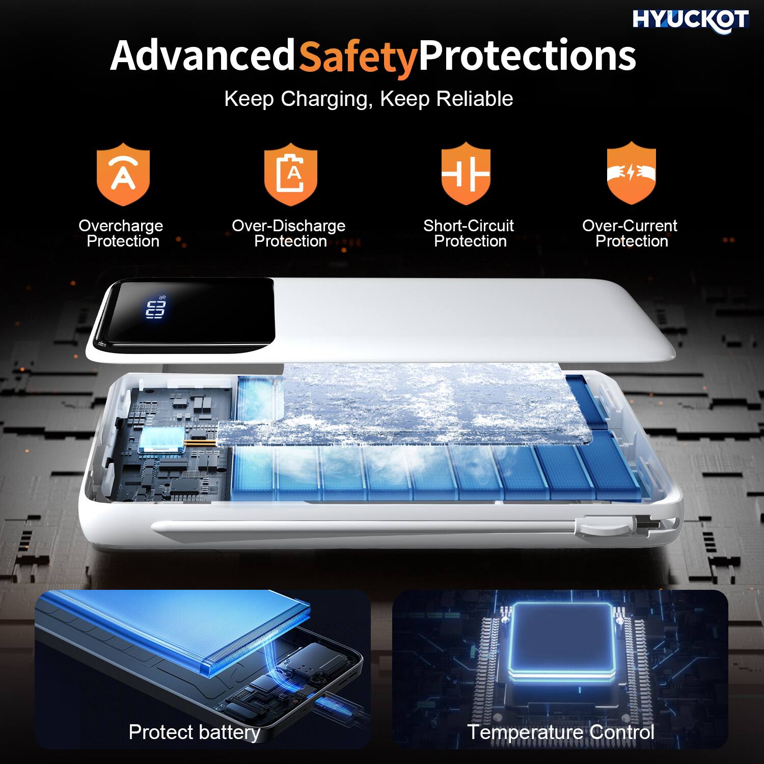 HYUCKOT

Advanced Safety Protections  
Keep Charging, Keep Reliable

- Overcharge Protection
- Over-Discharge Protection
- Short-Circuit Protection
- Over-Current Protection

Protect battery  
Temperature Control
