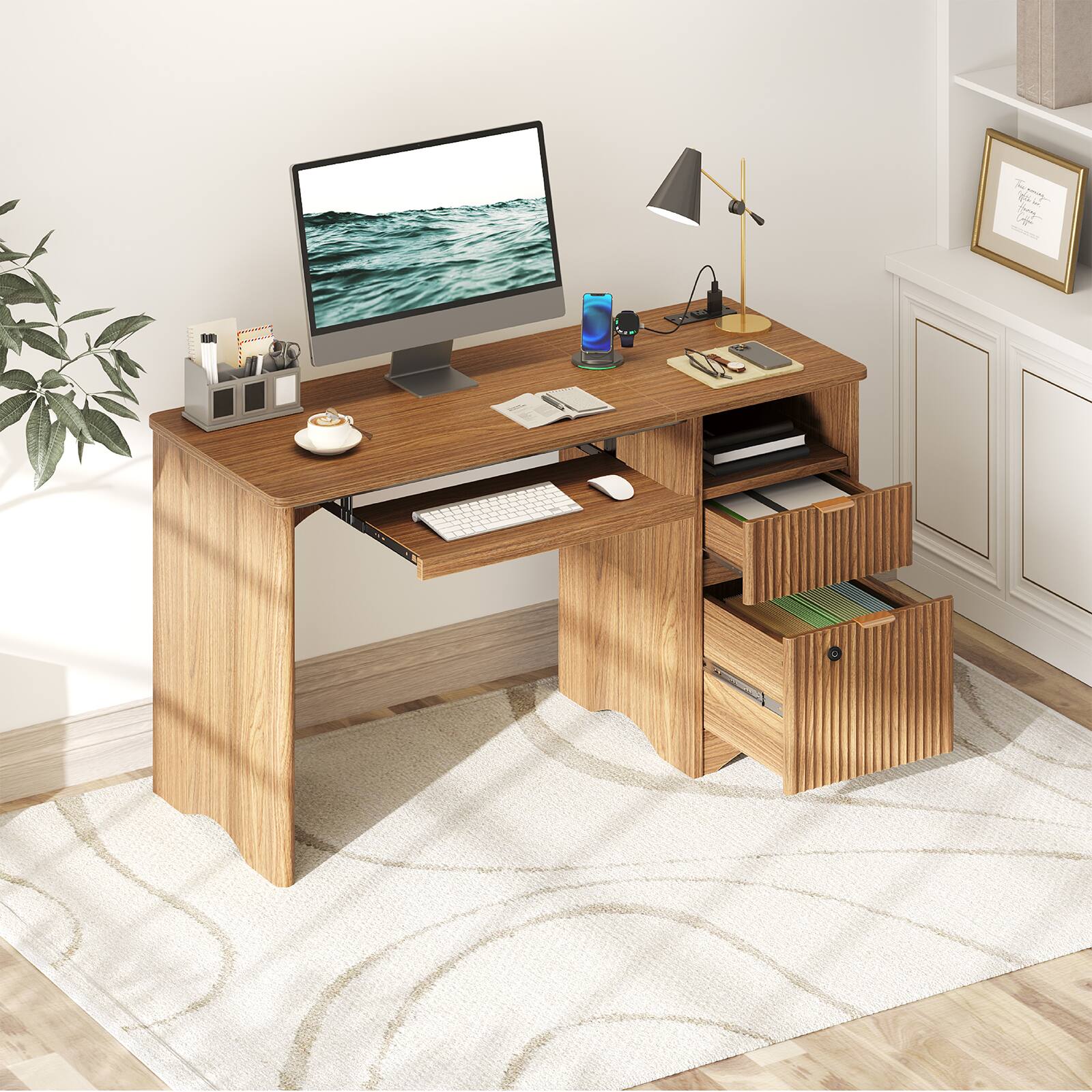 Alt View 4. Bestier - 65 Inch Executive Desk with Fingerprint Lock & Built-in Power Outlet, Computer Desk with Drawers for Home Office Desk - Brown Oak.