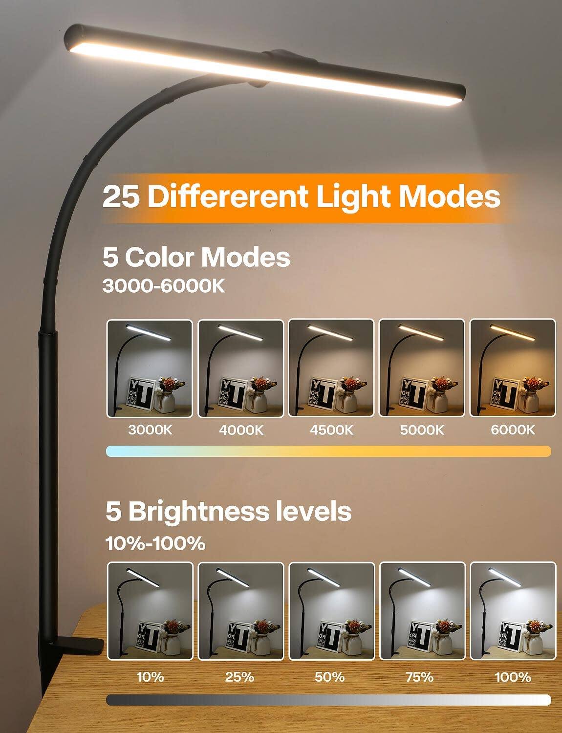 25 Different Light Modes  
5 Color Modes  
3000-6000K  
3000K  
4000K  
4500K  
5000K  
6000K  
5 Brightness Levels  
10%-100%  
10%  
25%  
50%  
75%  
100%