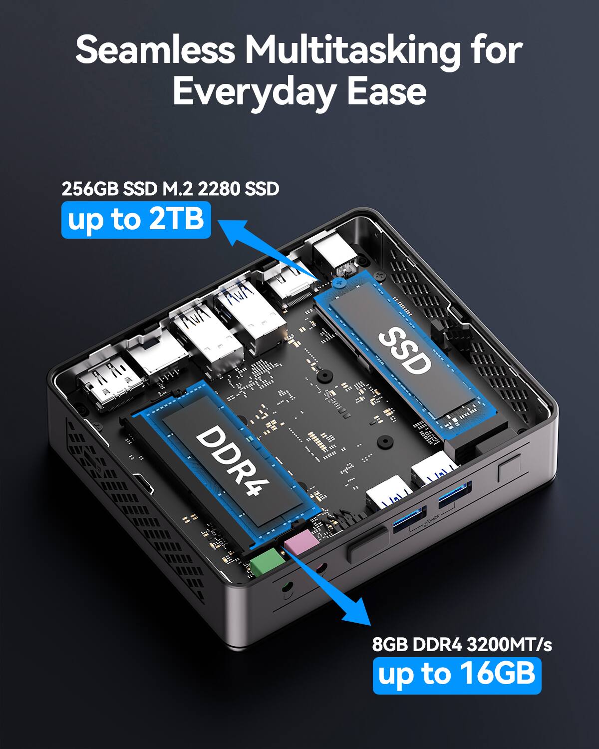 Seamless Multitasking for Everyday Ease

256GB SSD M.2 2280 SSD up to 2TB

8GB DDR4 3200MT/s up to 16GB