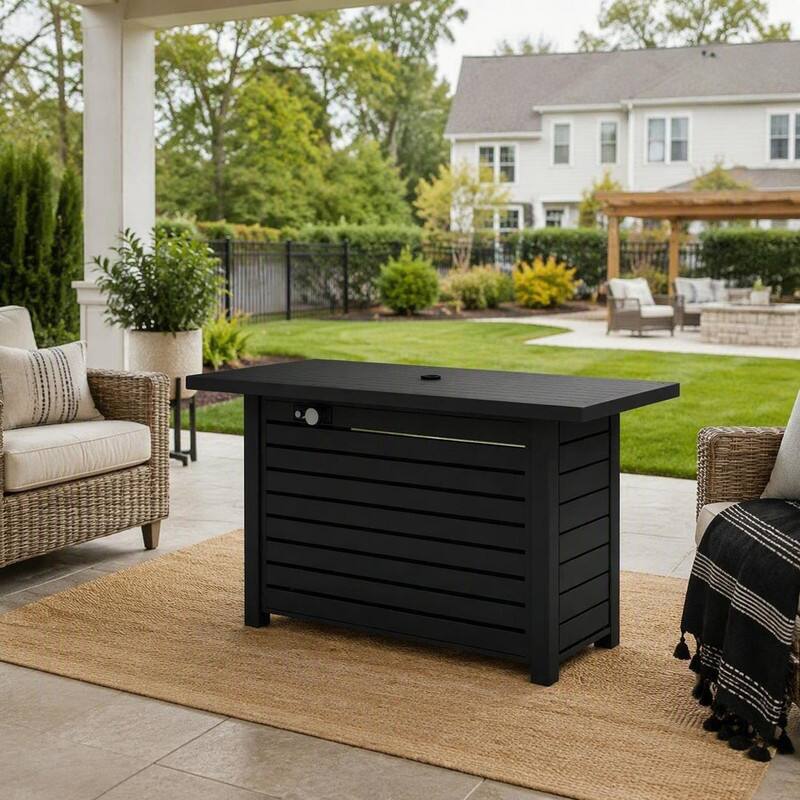 Back. RYHNUYNE - Outdoor Fire Pit Table, 42"W x 20" H Black Steel Rectangular Patio Fire Table with Lid for Backyard Garden - Black.