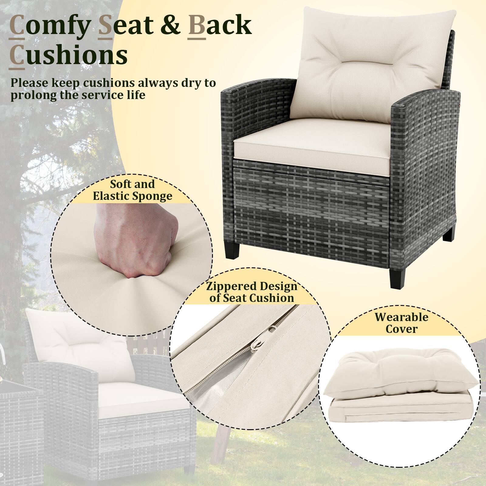 Comfy Seat & Back Cushions

Please keep cushions always dry to prolong the service life

- Soft and Elastic Sponge
- Zippered Design of Seat Cushion
- Wearable Cover