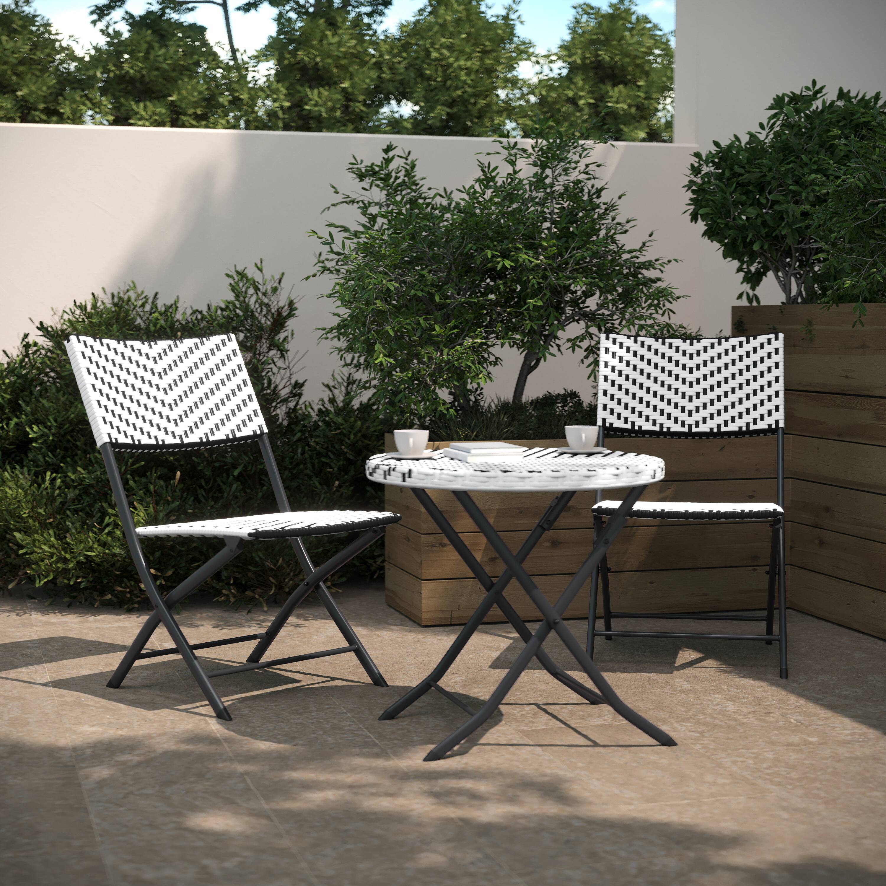 Alt View 2. Flash Furniture - Rouen Three Piece Commercial Grade Foldable Bistro Set, Indoor/Outdoor PE Rattan Back, Seat and Table Top, Black/White w - Black.