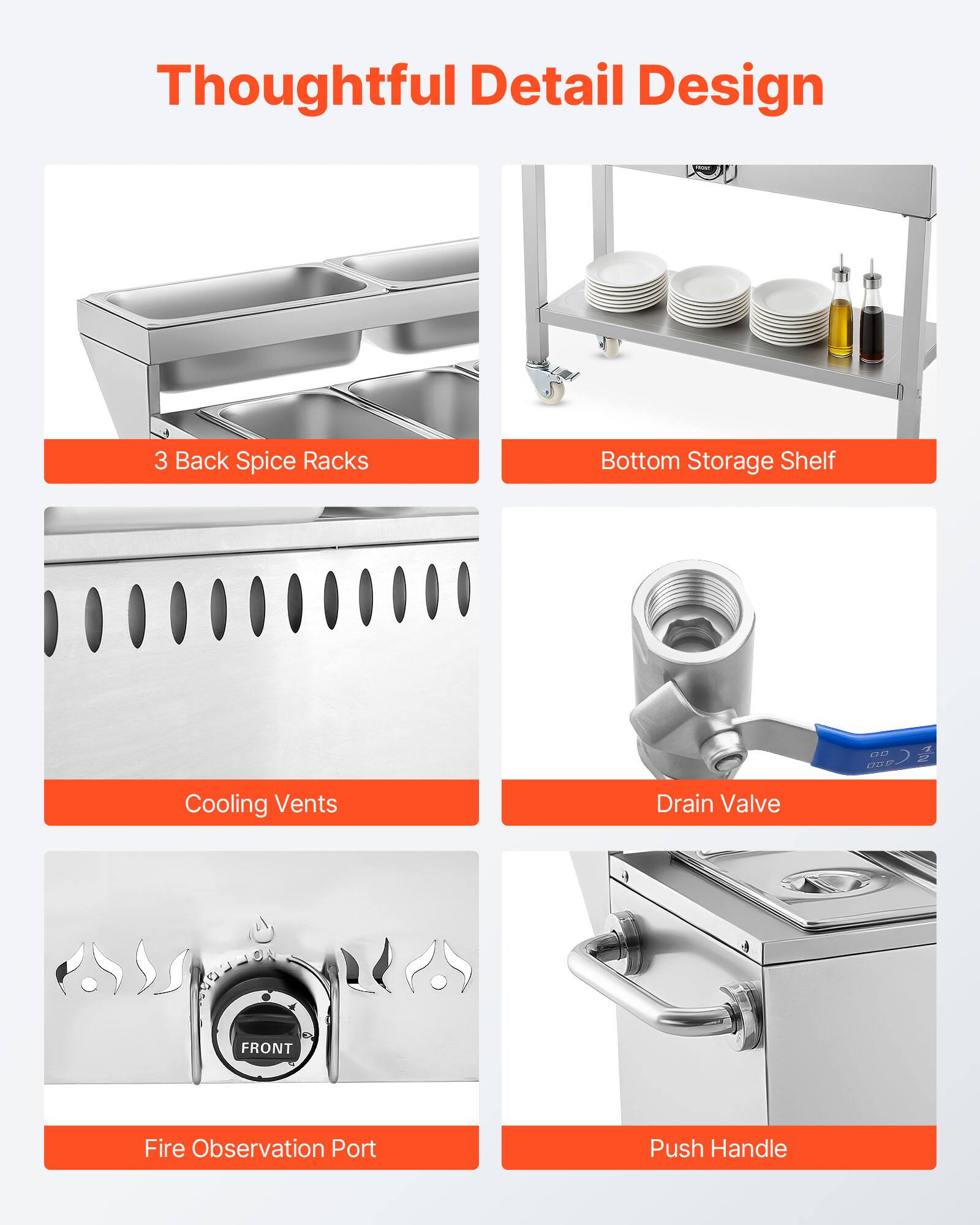 Thoughtful Detail Design

- 3 Back Spice Racks
- Bottom Storage Shelf
- Cooling Vents
- Drain Valve
- Fire Observation Port
- Push Handle