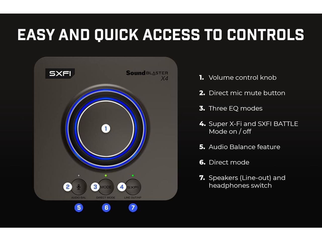 EASY AND QUICK ACCESS TO CONTROLS

1. Volume control knob
2. Direct mic mute button
3. Three EQ modes
4. Super X-Fi and SXFI BATTLE Mode on / off
5. Audio Balance feature
6. Direct mode
7. Speakers (Line-out) and headphones switch