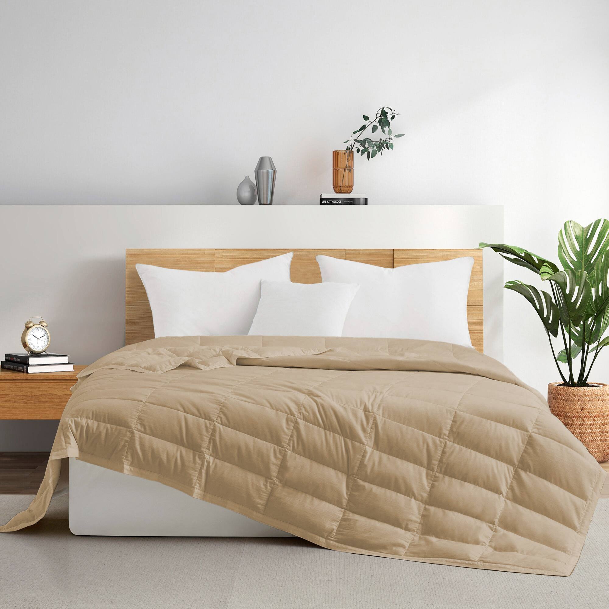 Puredown - Cooling Luxurious White Down Blanket with Satin Trim Soft Bed Cover, Tencel, 90x108 inches - Ginger Root