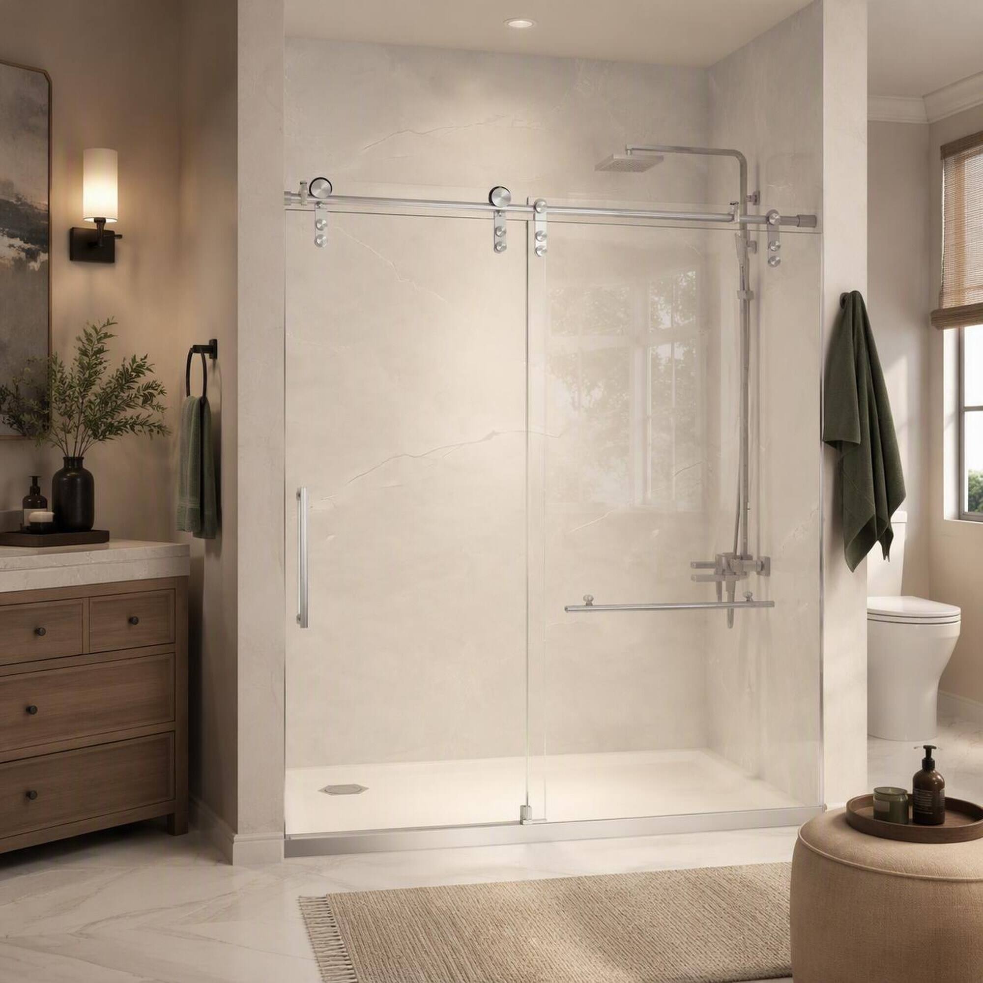 Back. RYHNUYNE - 50-54 In X 76 In H Frameless Sliding Shower Door, 5/16 In Clear Tempered Glass Brushed Nickel Finish - Brushed Nickel.
