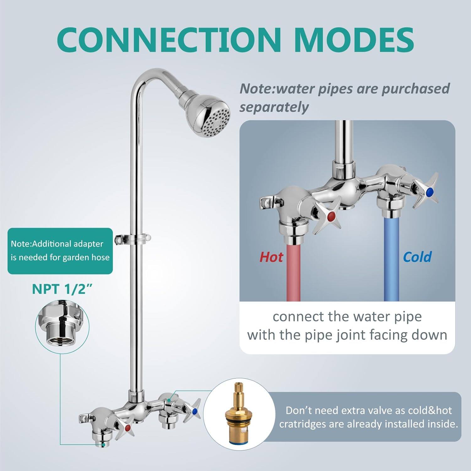 **CONNECTION MODES**

- Note: Water pipes are purchased separately.
- Note: Additional adapter is needed for garden hose.

**NPT 1/2"**

- Connect the water pipe with the pipe joint facing down.
- Don't need extra valve as cold & hot cartridges are already installed inside.