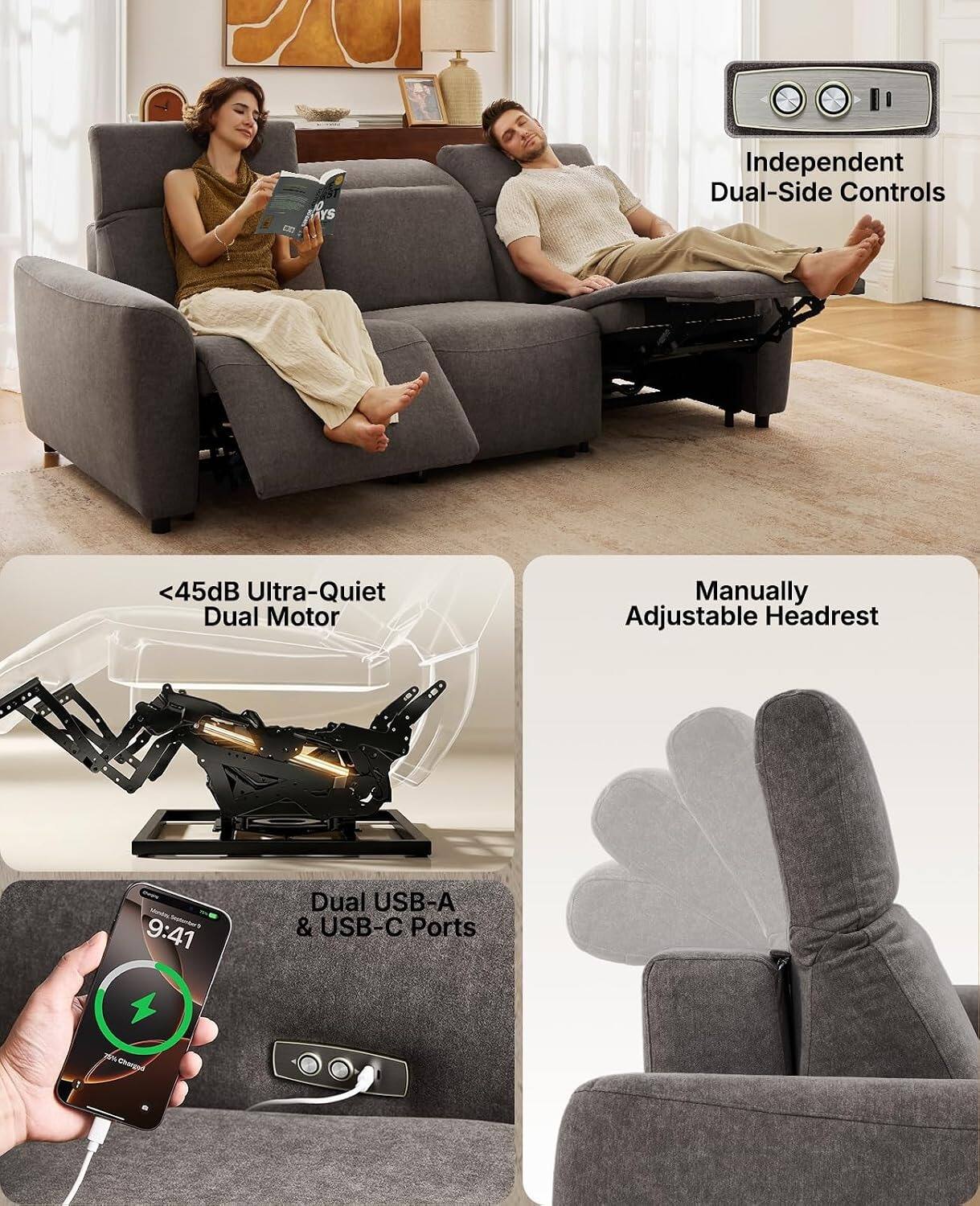 YS

Independent Dual-Side Controls

<45dB Ultra-Quiet Dual Motor

Manually Adjustable Headrest

Dual USB-A & USB-C Ports

70% Charge