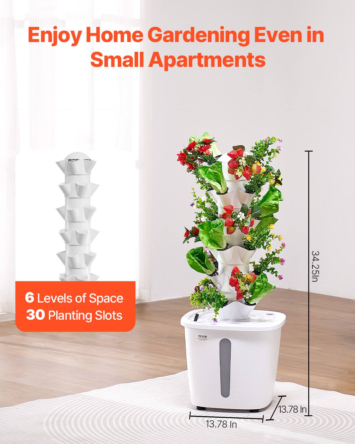 Enjoy Home Gardening Even in Small Apartments

6 Levels of Space  
30 Planting Slots

34.25 In  
13.78 In  
13.78 In