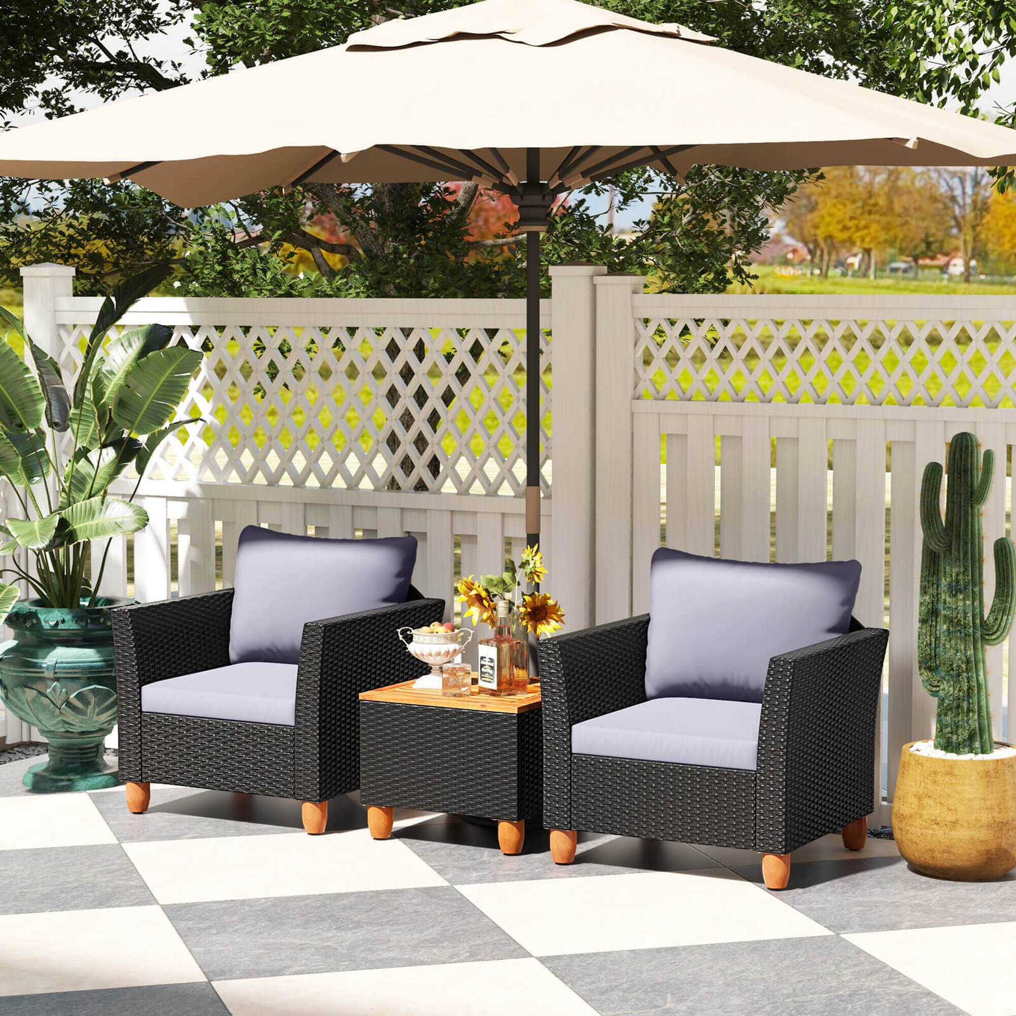 Alt View 5. Costway - 3 PCS Patio Rattan Furniture Set Cushioned Sofa Storage Table with Wood Top - Gray.