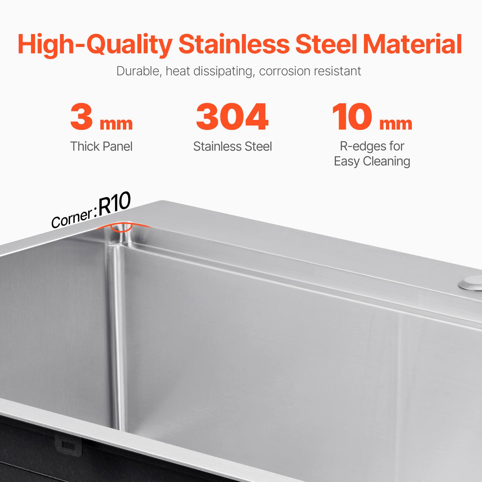 High-Quality Stainless Steel Material, Durable, heat dissipating, corrosion resistant, 3 mm Thick Panel, 304 Stainless Steel, 10 mm R-edges for Easy Cleaning, R10 Corner: