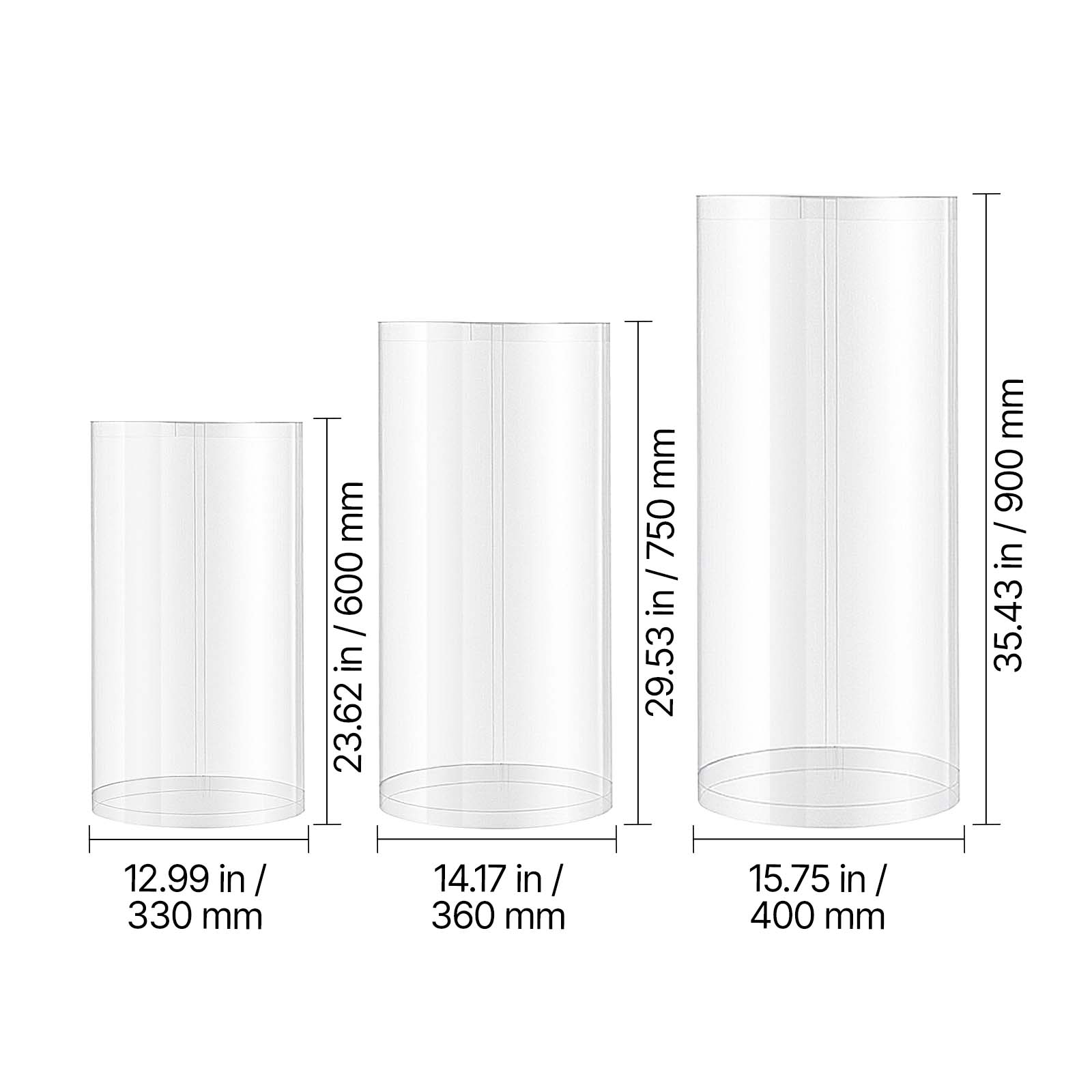 12.99 in / 330 mm  
600 / in / 23.62 in / 600  
23.62  
14.17 in / 360 mm  
750 / in 29.53  
15.75 in / 400 mm  
900 / in 35.43