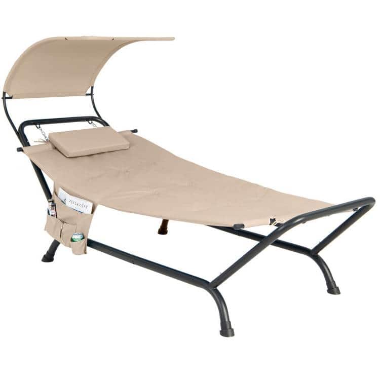 SlickBlue - Portable Hammock Style Chaise Lounge Cot with Canopy & Storage Bag for Outdoors - Tan
