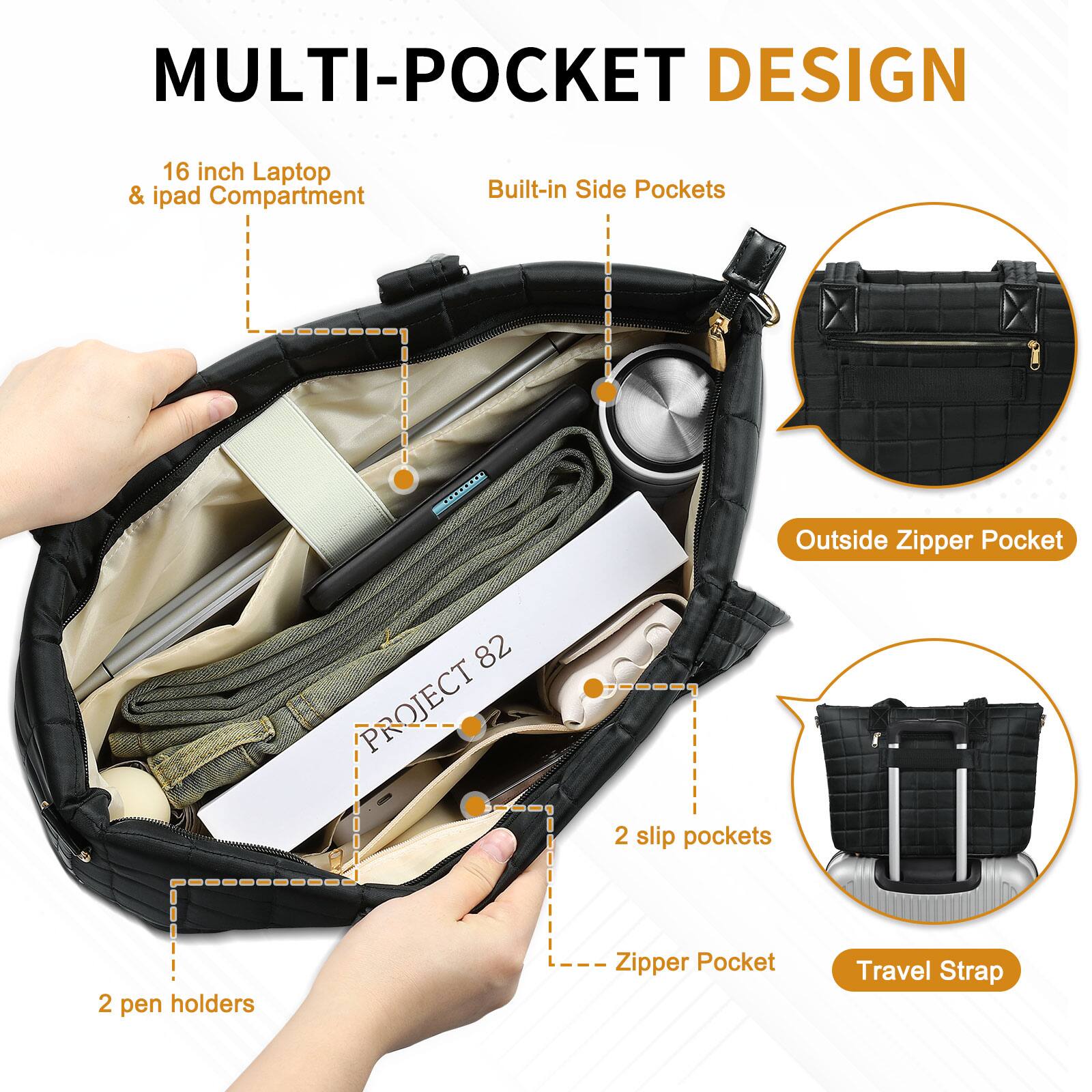 MULTI-POCKET DESIGN

- 16 inch Laptop & iPad Compartment
- Built-in Side Pockets
- Outside Zipper Pocket
- 2 slip pockets
- 2 pen holders
- Zipper Pocket
- Travel Strap