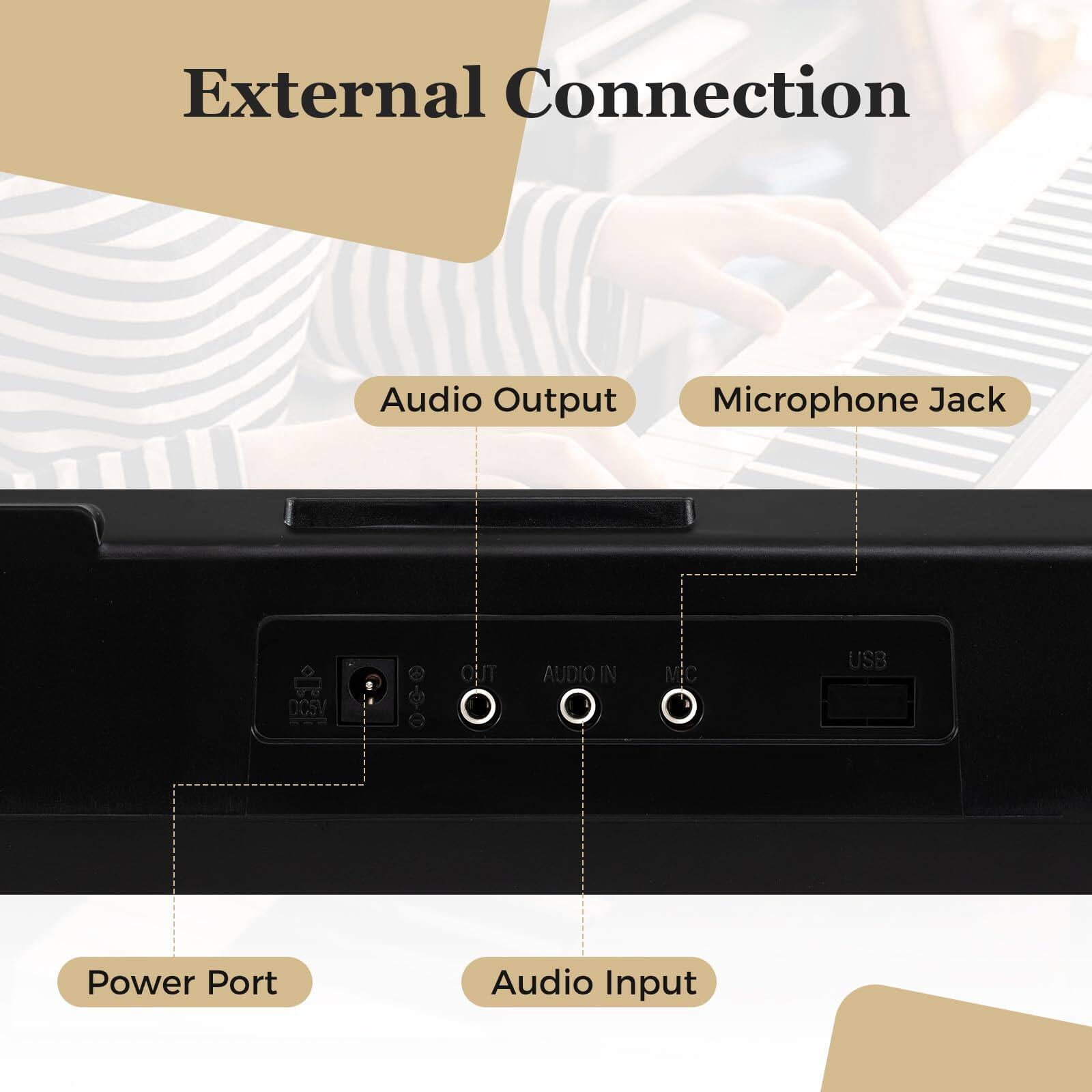 External Connection

- Audio Output
- Microphone Jack
- Power Port
- Audio Input
- USB
