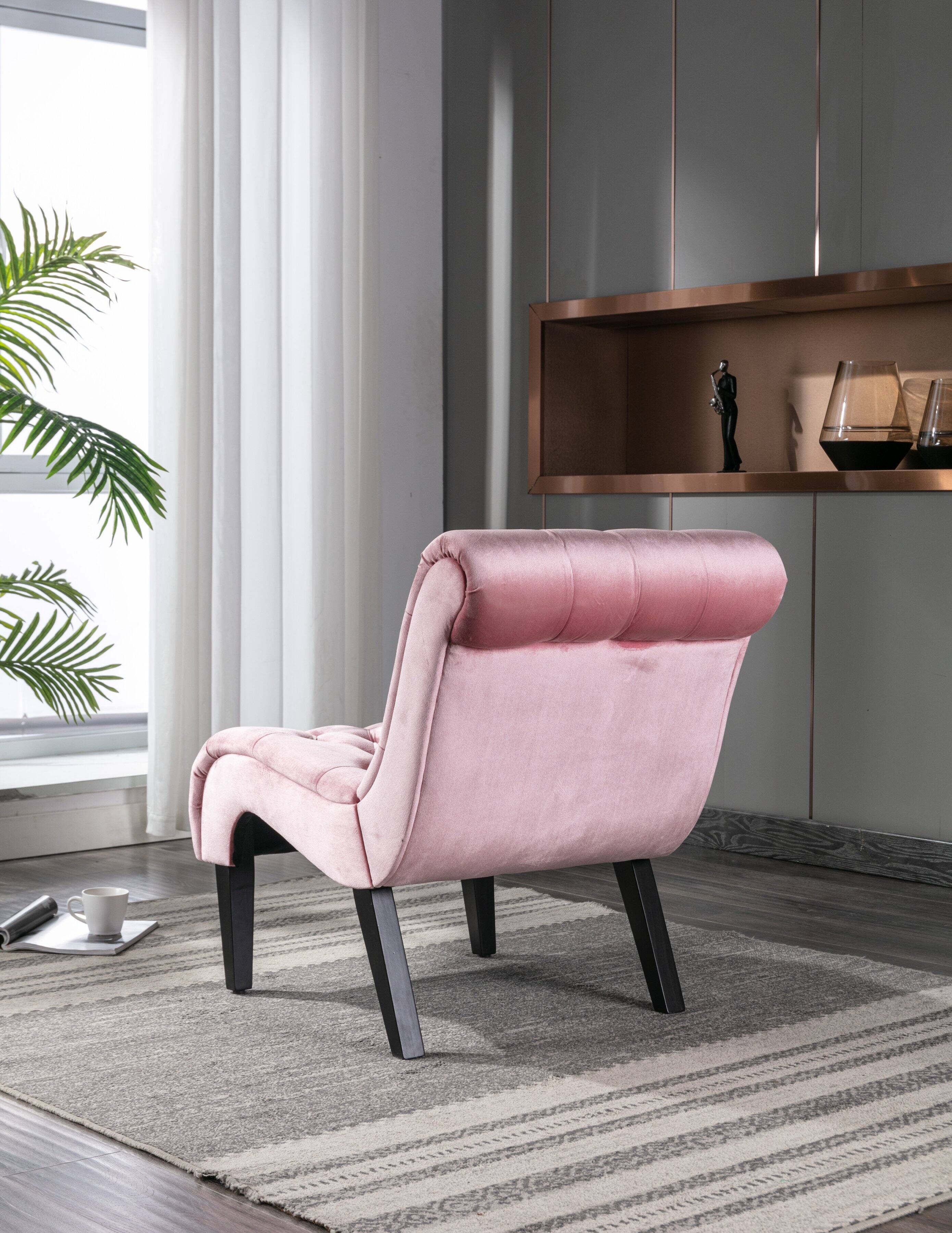 Back. Trinkets Crazed - Velvet Accent Lounge Chair for Living Room, Modern Leisure Chair with Tufted Backrest, Indoor Armless Side Chair - Pink.