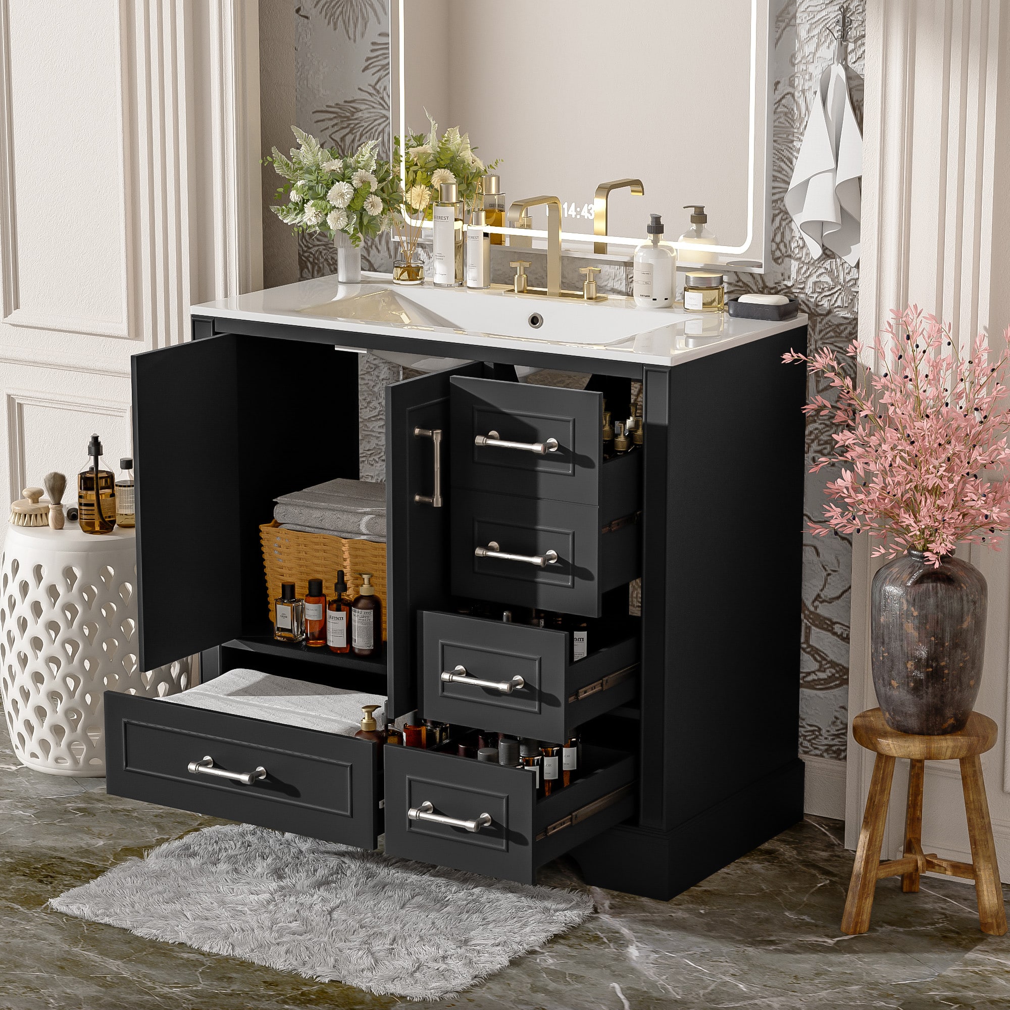 Tiramisubest - 36" Traditional Bathroom Vanity with Ceramics Sink , Bathroom Cabinet with Two Soft Close Doors and Four Drawers - Black