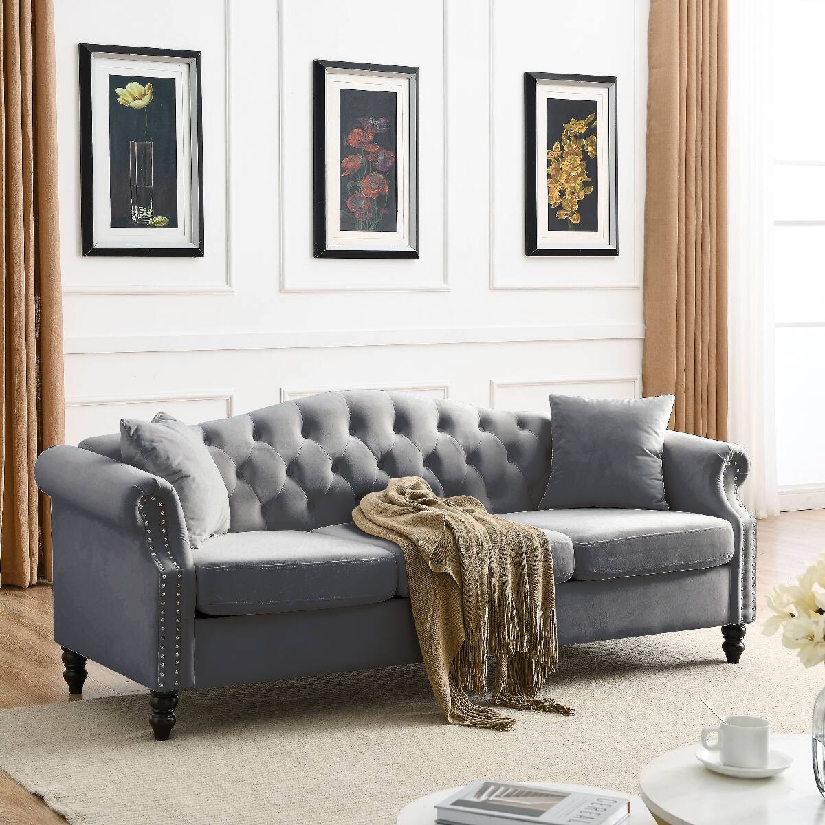 Front. Ropilly - Ropilly Grey Velvet Chesterfield Sofa, 79 Inch 3 Seater Tufted Couch for Living Room - Grey.