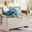 Left. Pinmoco - Rectangular Corduroy Upholstered Ottoman Bench with Storage - Beige.