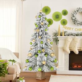 BreeBe - 6FT Artificial Snow Flocked Tree – 589 Tips with 48 Red & Gold Xmas Balls - White
