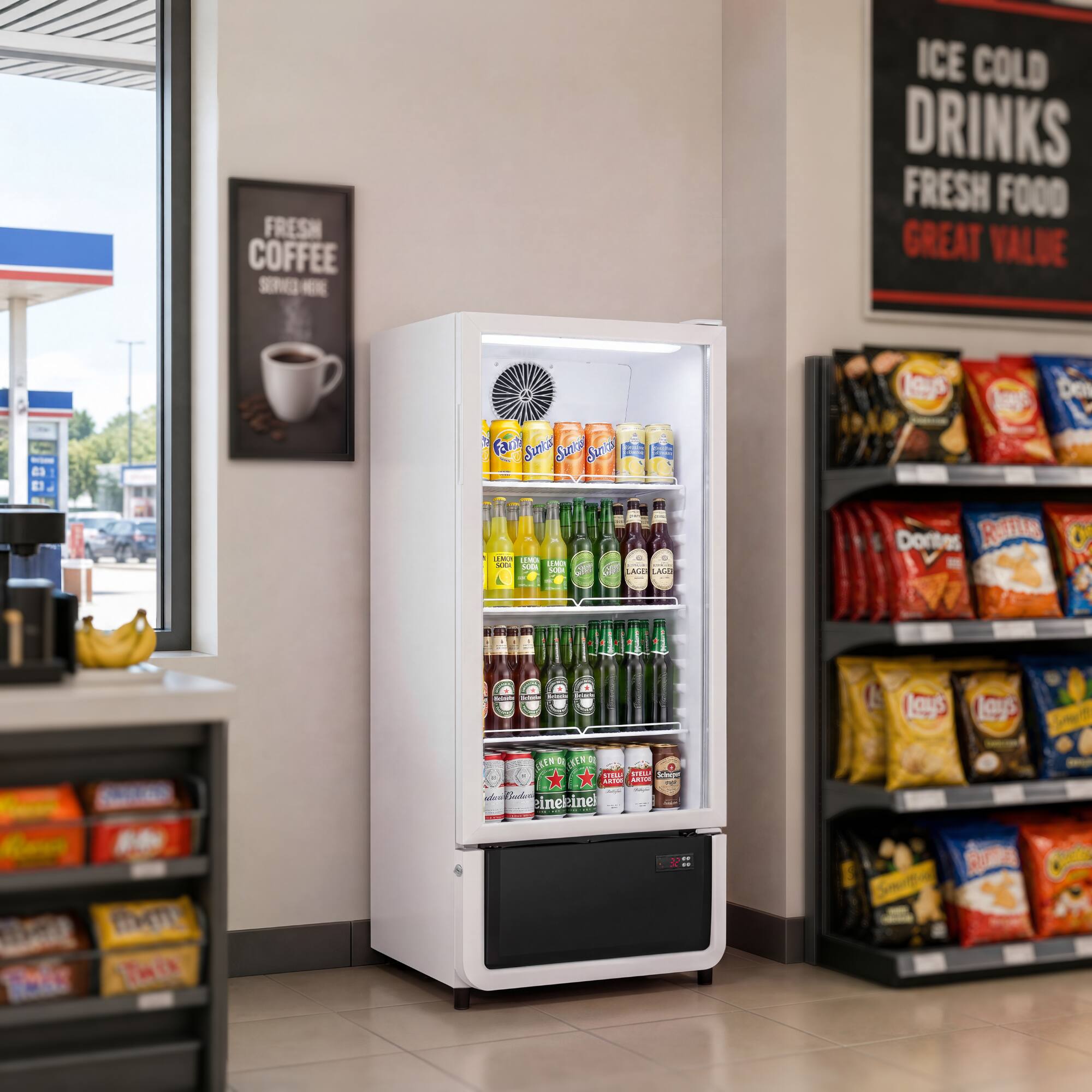 FRESH COFFEE  
ICE COLD DRINKS  
FRESH FOOD  
GREAT VALUE  

Las Den d 1 E fant  
Sunti Junte Sinia  

... ad .O : - : LACE AO  
Dontes RAlite t te lays Lays d  
LIND LIND - HE -ng_  
Ada AD 1 : L elnelinel -- .. RO O